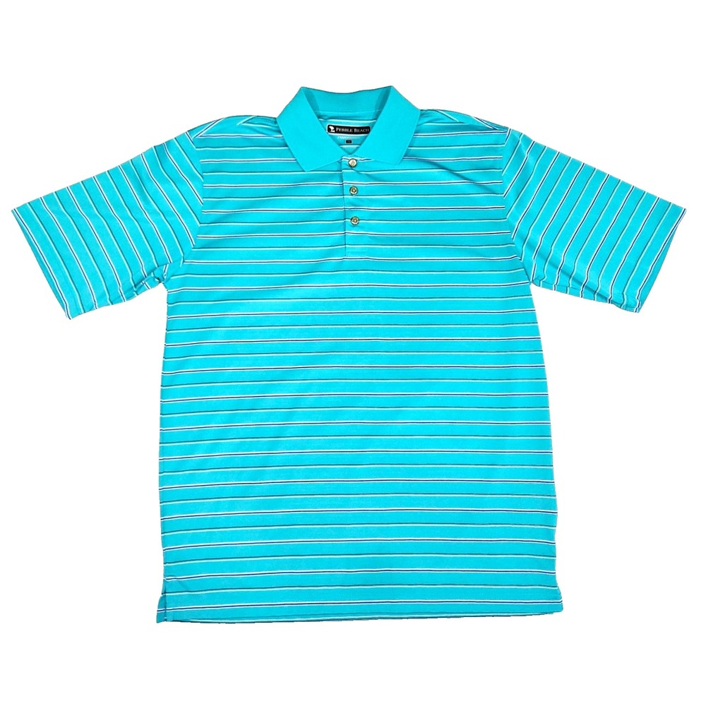 Pebble Beach Polo Shirt Mens Medium Teal Blue Striped Performance Golf Short Sle
